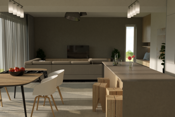 Návrh interiéru sedačka GREAT / pohled z kuchyně